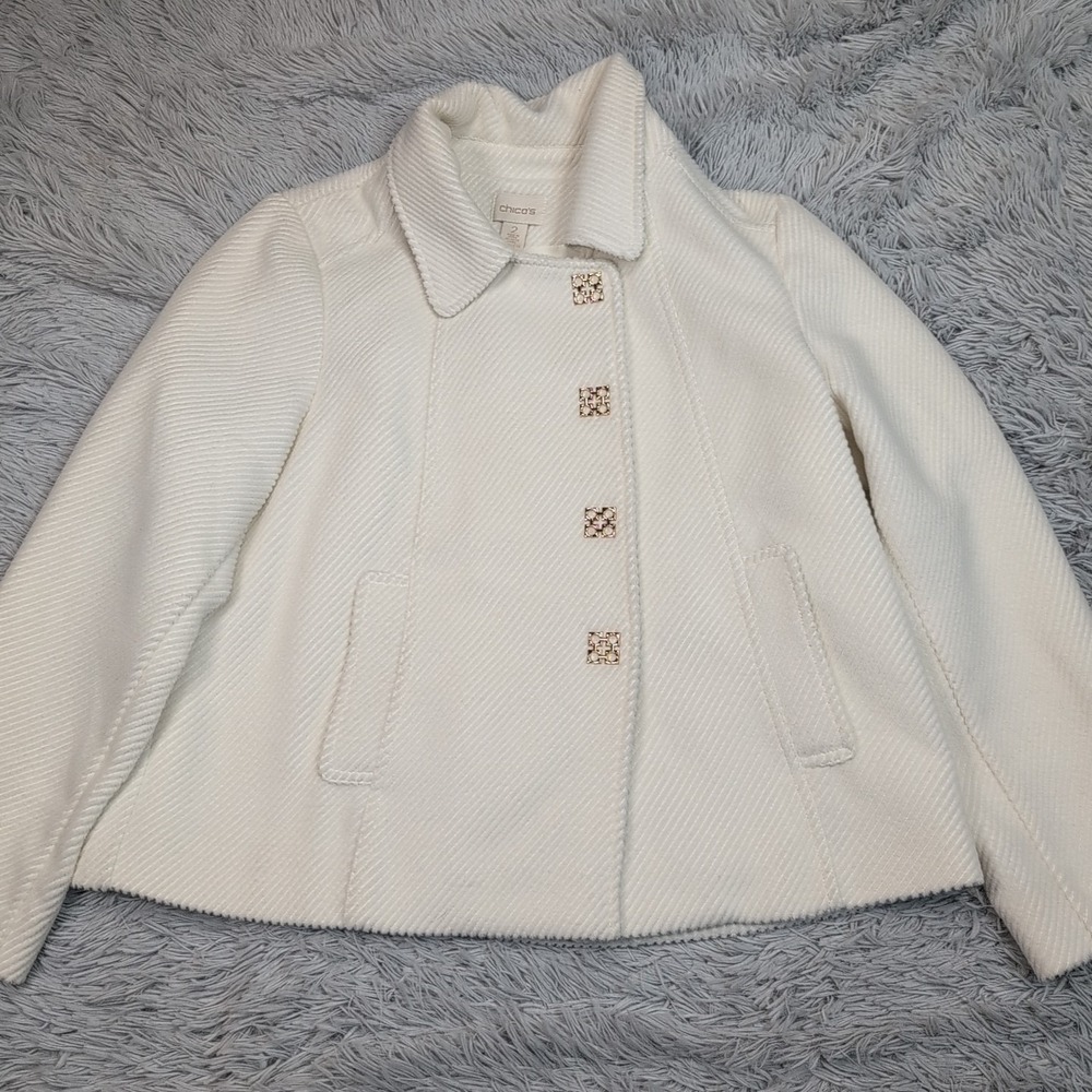 Chico's‎ Jacket Womens 2 White Snap Up Textured Coat Preppy Comfort Elegant